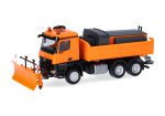 Macheta camion Mercedes-Benz Arocs Arocs 18 M, basculanta cu 3 axe, cu sararita și plug deszăpezire