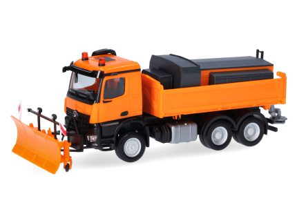 Macheta camion Mercedes-Benz Arocs Arocs 18 M, basculanta cu 3 axe, cu sararita și plug deszăpezire