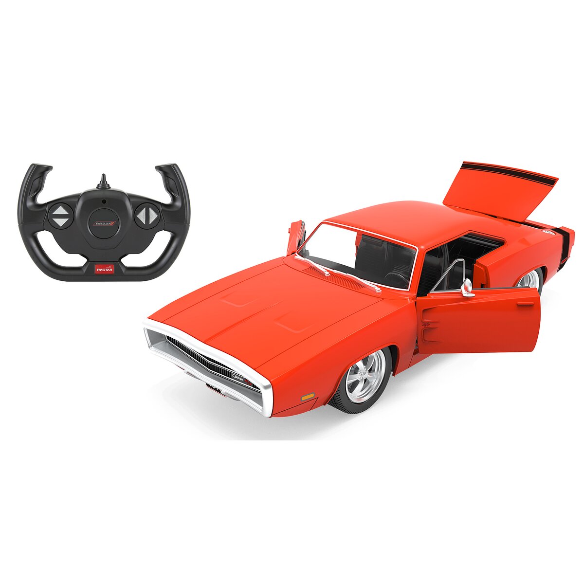 402116_dodge-charger-r-t-1970-1-16-red-24ghz-manual-door Masina RC cu telecomanda Dodge Charger R/T 1970, usi care se deschid manual, sunet, lumina LED, 2.4Ghz, Scara 1:16 - imagine 1